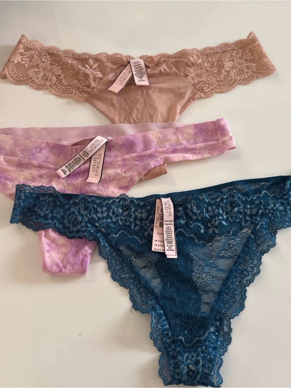 NWT Victoria’s Secret Set Of 3 Lace Shine Strap Thong  2 - Sz L  And  1 -XL